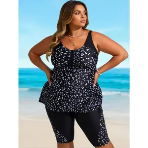 Women's Plus Size Black Dot Tankini  - Two-Piece Swimwear with Capri Leggings for Beach Pool Vacation set Flattering Tummy Control Racerback Tankini with Boy Shorts - Ideal for Beach Days, Pool Parties & Family Vacations|