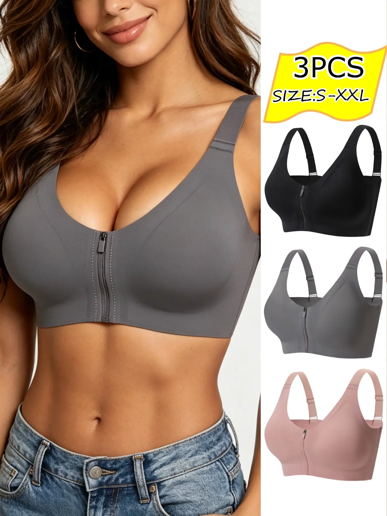 Women's Adjustable Strap Push-Up Wireless Gym Sports Bra Set, Front Zip Design, Anti-Sagging, Suitable for Sports & Yoga, Fashionable Casual Wear, Yoga Wear Fitness, Adjustable Sports Bras, Wirefree Sports Bra, Workout Bras, Exercise Bra