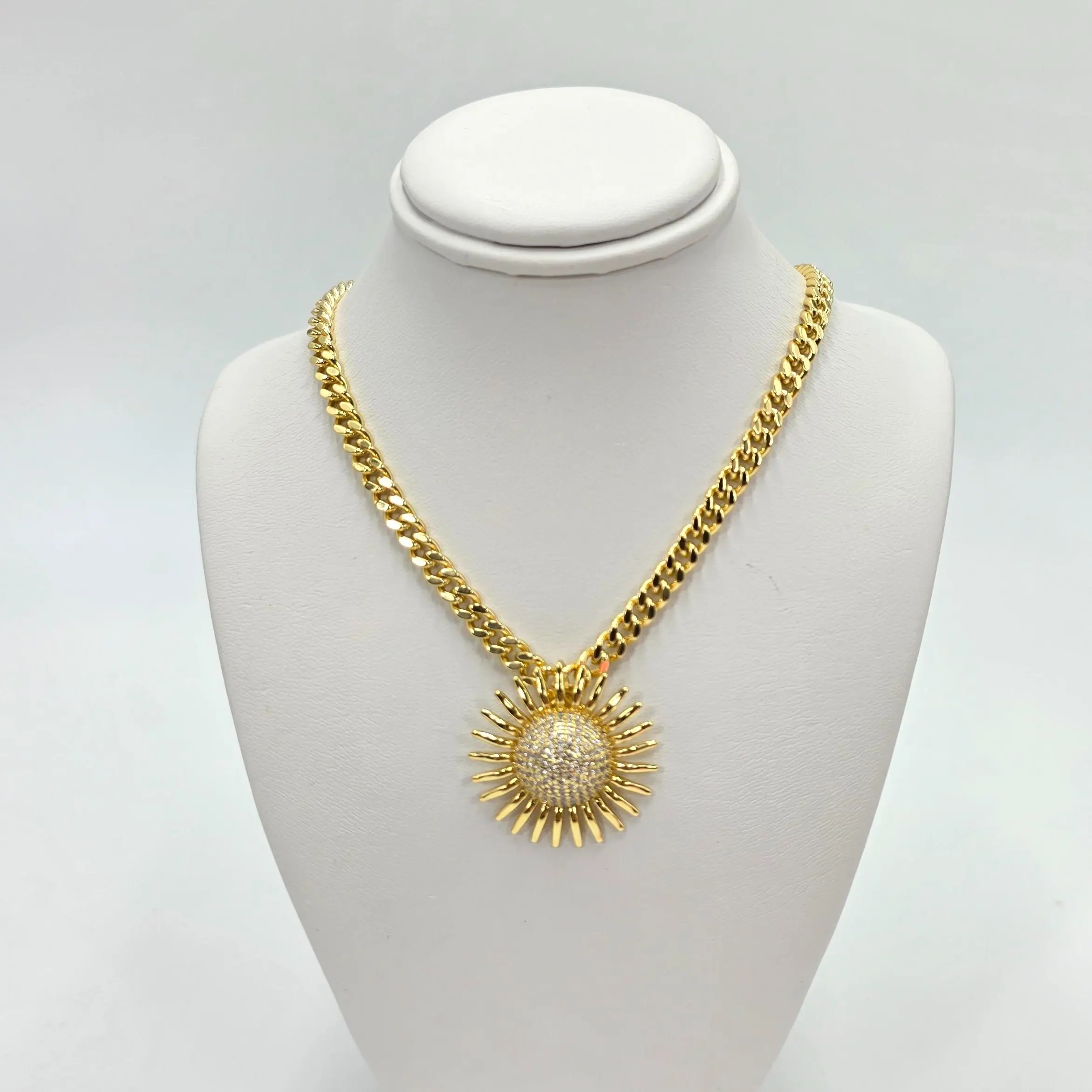 Gold Sun Pendant Cuban Chain Necklace – Iced Out Sunshine Jewelry for Women 18 inches, Chain Accent Necklaces, Cuban Link Necklaces