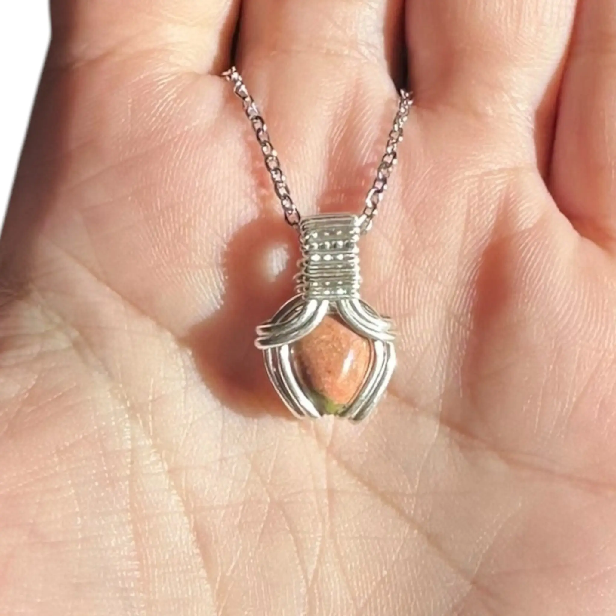 Sterling Silver | 14KT Gold Filled Mini Teardrop Unakite Wire Wrapped Wishbone 2.0 Pendant