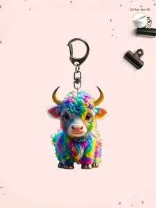 1 pc 2D flat, Acrylic Keychain Waterproof, Keychain Kawaii, Colorful Highland Cow Design, Perfect Gift for Family & Friends, Boyfriend Unique Bag Accessory