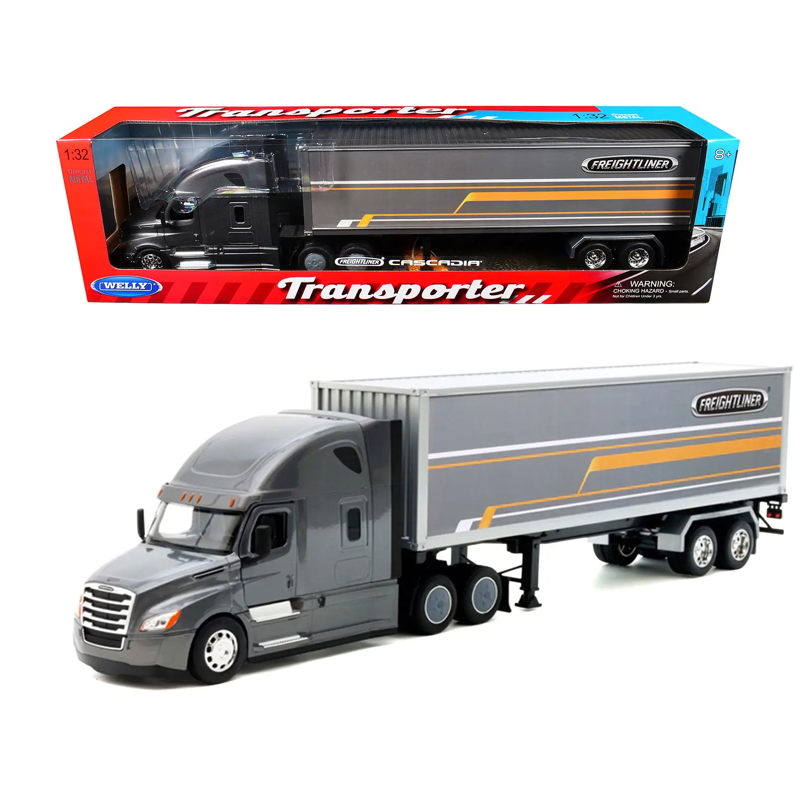 Freightliner Cascadia Truck Gray Metallic with Gray Container with Graphics "Transporter" Series 1/32 Diecast Model by Welly