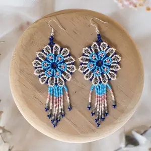 Guanabana - Native Beaded Earrings with Baby Blue Floral Design - Handmade by Huichol Artisans - Mother Sierra