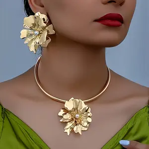 Luxurious Golden-Tone Floral Jewelry Set with Faux Pearl Accents - Includes Choker Necklace & Earrings, Perfect for Vacations & Everyday Glam