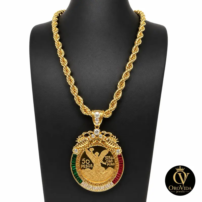 OroVida 22in x 8mm Rope Chain with 50 Pesos Centenario Pendant Gold Color Jewelry