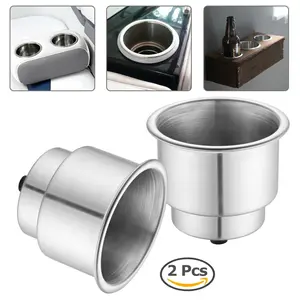 2x Stainless Steel Cup Drink Holders for Marine Boat Car Truck Camper RV w Drain