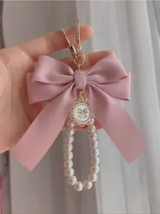 1pc Gorgeous Matte Bow-Knot Faux Pearl Keychain Kawaii, Adorable Faux Pearl Beaded Bracelet, Vintage Charm, For Women/Girls Wallets, Socks, Backpacks, Cars, Ribbons, Pearl Pendants, Valentine's Day, Bow Keychain, Keychain For Bags