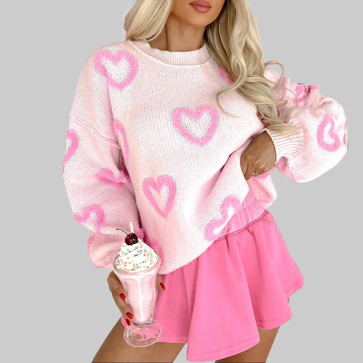 Women's Heart Print Knitwear, Baggy Crew Neck Sweater with Romantic Bubble Longsleeves for Valentine's Day, Women's Clothes, Graphic, Puff Sleeve, Oversized, Fit, Casual, Round Neck, Tops, New Year, Vintage