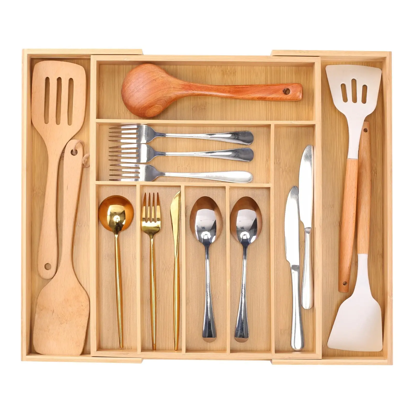 Extendable Bamboo Cutlery Tray Kitchen Drawer Organiser 9 Storage Compartments, Expandable Cutlery Tray for Messy Kitchen Drawers,