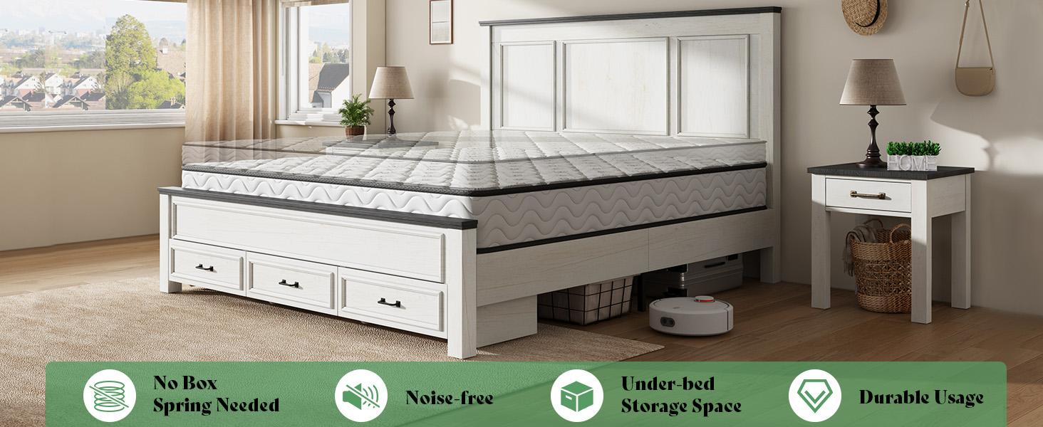 [Spring Sale] AMERLIFE Farmhouse Bed Frame with 52.2" Tall -Panel Headboard & Footboard, Wood Platform Bed Frame with 3 Large Storage Drawers, No Box Spring Needed, Unique Bedroom Furniture