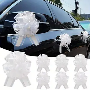 8 Large plastic drawstring bows - Elegant white wedding car decorations, durable and reusable decorative bows