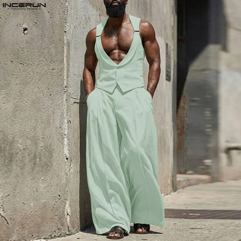 INCERUN Men's Fashion 2-Piece Casual Outfit Set - Sleeveless Deep V-Neck Vest & Wide Leg Trousers, Relaxed Fit Elegant Menswear for Resort, Party