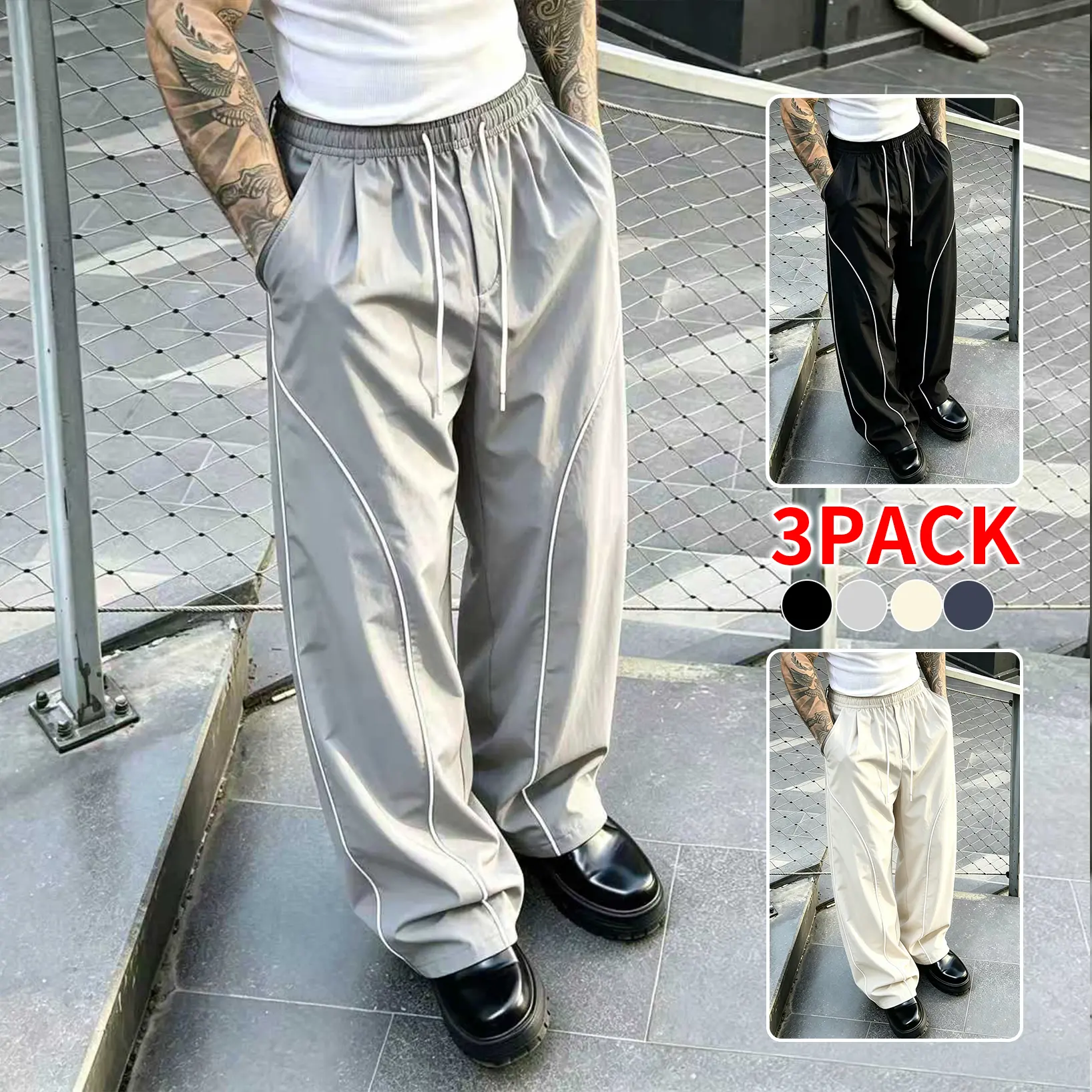 Men's Polyester Jogging Pants (1-Pack/3-Pack) - Elastic Band Double Drawstring Waistband, Contrasting White Side Stripes, Loose Baggy Fit, Quick Dry, Windproof Full-Length, All-Season Street-Style Activewear Tracksuit Trousers, Activewear Tracksuit Pants