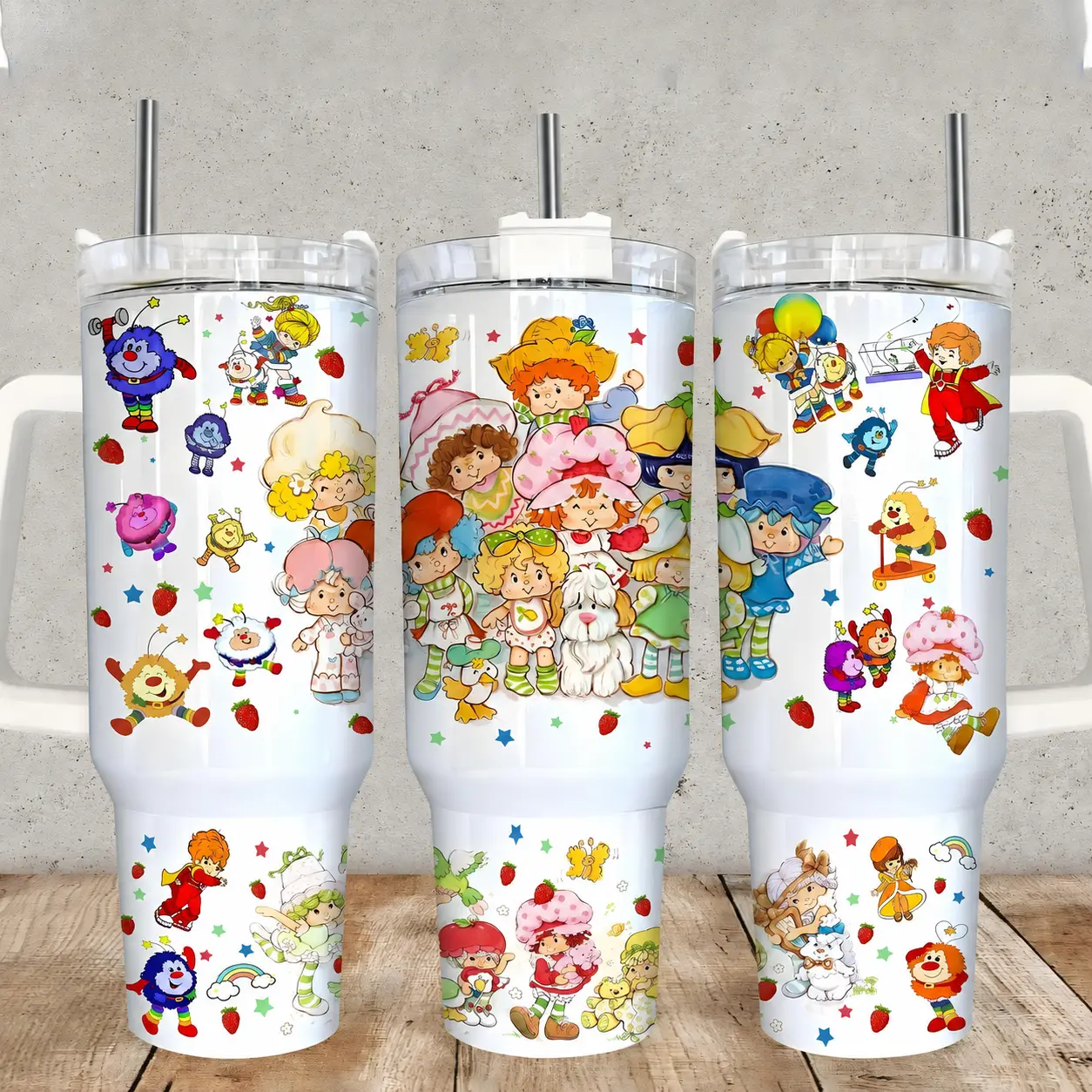 Rainbowbrite & Straw Shortcake 40oz Tumbler with Handle & Straw, Retro 80s Cartoon Stainless Steel Insulated Travel Mug, Vintage Rainbowbrite Straw Shortcake Fan Gift, Keeps Drinks Hot & Cold, Reusable Coffee Cup for Nostalgia Lovers