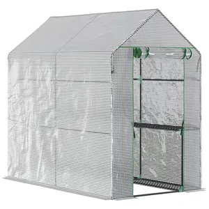 Outsunny 47.25" x 73.25" x 74.25" Walk-in Greenhouse, Outdoor Portable Green House with 4 Shelves, Plant Flower Growing Warm House with Roll-up Door, White