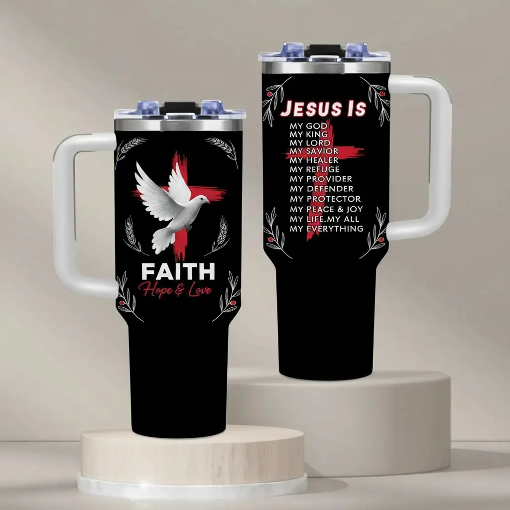 1PC Inspirational Religious Jesus Is My God King Savior Healer Traveler Tumbler BPA Free With Handle & Straw Christian Faith Dove Cross Design Typography Pattern For Home, Office, Church, Ideal Mother's Day, Birthday, Religious Gift, Tumbler