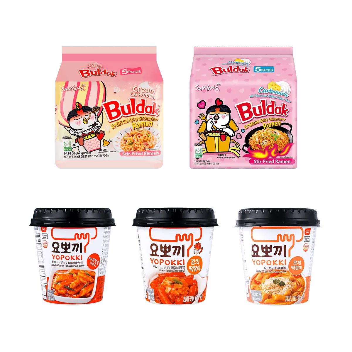 SAMYANG Buldak Ramen Noodles Carbonara+Cream+Tteokbokki Rice Cake Kimchi +Tteokbokki Sweet & Spicy +Tteokbokki Tomato 60.85 oz