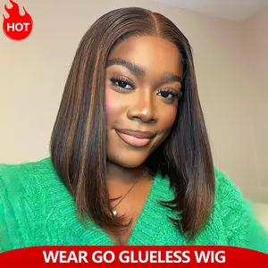 Glueless Highlight Straight Bob Wig Human Hair Glueless Wear Go 6×5 Lace Wig Pre-Cut Pre-Bleached Knots 100%Real Human Hair Wig#TikTokShopBlackFriday