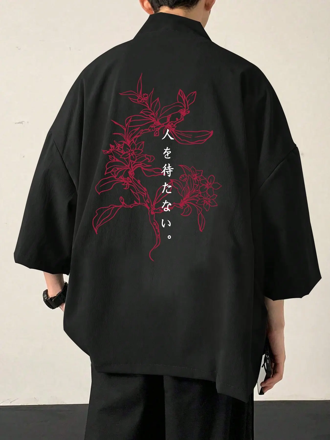 Men's Loose Baggy Minimalist Traditional Japanese Aesthetic Kimono Open Front, Short Sleeve Haori with Floral, Quote and Graphic Patterns, Casual Street Style, Streetwear