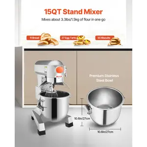 15Qt 600W Heavy-Duty Commercial Stand Mixer, 110V with 3 Adjustable Speeds (110/178/390 RPM), Stainless Steel Bowl, Dough Hooks, Whisk & Beater for Bakeries & Restaurants