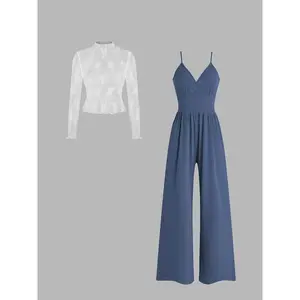 Two-Piece Set for Women Solid Color Lace Tee & Pocket Jumpsuit Set, Elegant Fashion Casual Back Zipper Romper & Long Sleeve Daily Outdoor Wear, Spring and Autumn Women's Clothing, Matching Set Womenswear Overalls