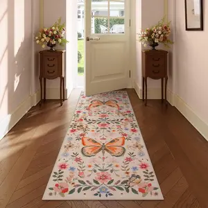 Boho Butterfly Floral Runner Rug, Soft Washable Indoor Carpet, Thick Plush Vintage Insect Design, Perfect for Entryway, Bedroom, Kitchen, Living Room