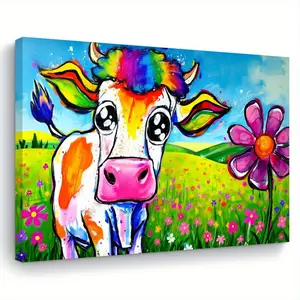 2D Flat Decorative Painting - 1 Piece Pastoral Style Rainbow Cow Floral Grassland Hanging Painting with Hook, Living Room, Bedroom, Kitchen Art Painting - Housewarming Gift/Birthday/Wedding Gift for Men and Women, 11.8x 15.7inch (30x40cm), Cow Print Room