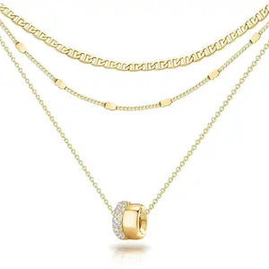 Women's 3-Piece 14K Gold Plated Layered CZ Rondelle Necklaces Set, Mariner Chain, Circle Pendant Choker, 2-Toned Cubic Zirconia Dainty Costume Jewelry, Three-Piece