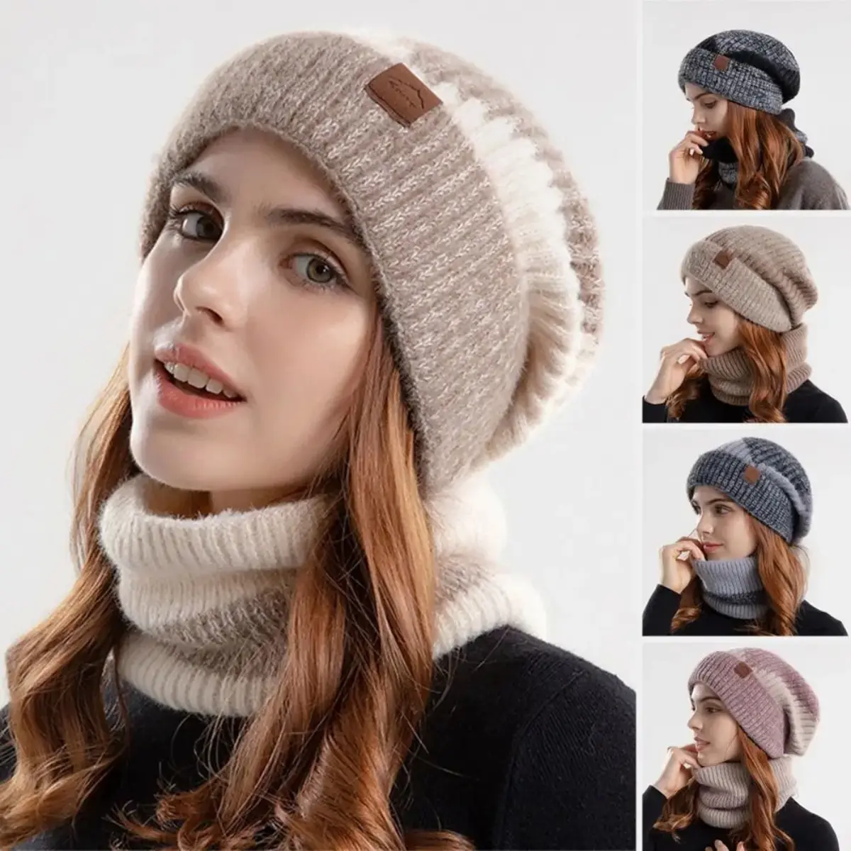 Women's 2-Piece Beanie and Scarf Set, Fleece-Lined Acrylic Knit Lightweight Hat with Ear Flaps & Thermal Neck Warmer for Daily Cold Protection