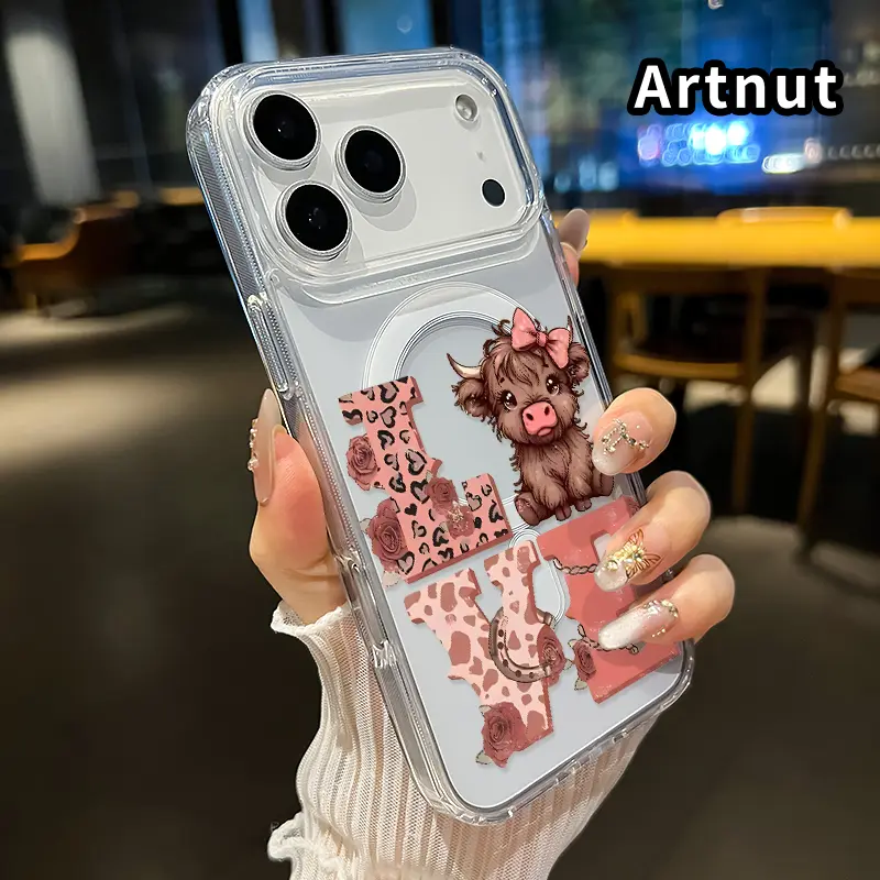 Magnetic Phone Case for iPhone 17 Pro Max 16 Plus 15 14 13 12 11 Air E Cute Cow Love Pattern Non-Yellowing Shockproof Soft Silicone Transparent Acrylic Cover Supports Wireless Charging.