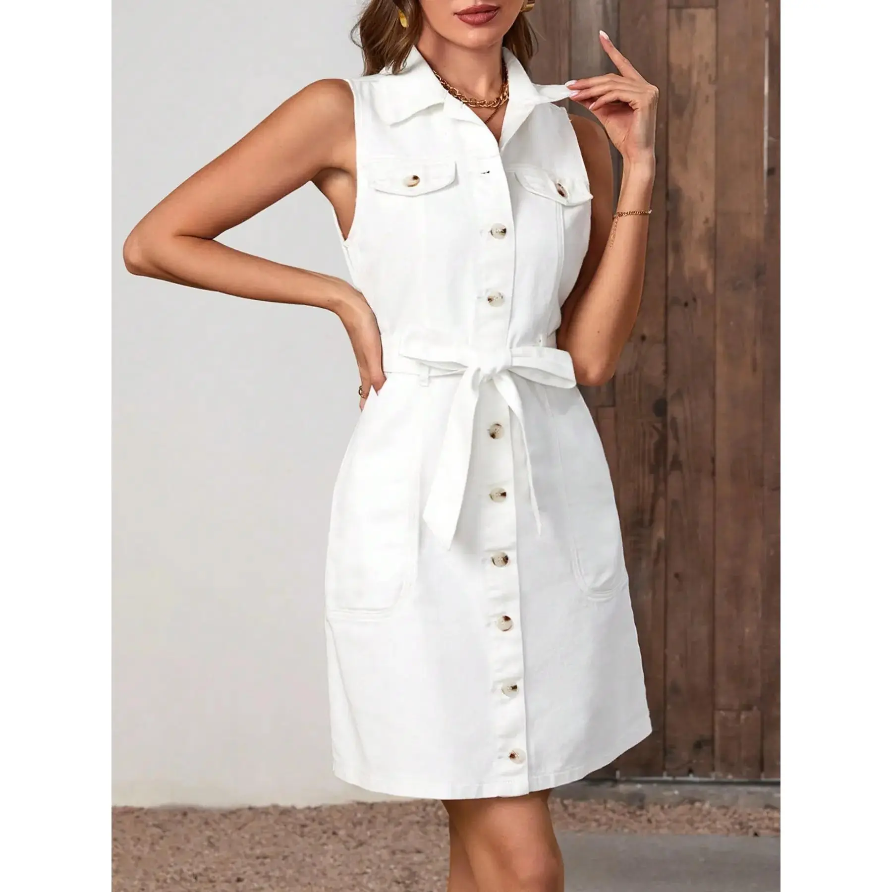 Summer Dress!Sleeveless Waist Cinched Denim Dress, Womenswear, Casual, Cool and Elegant, Ruched Tie Front Design, Plain Pattern, Short Length