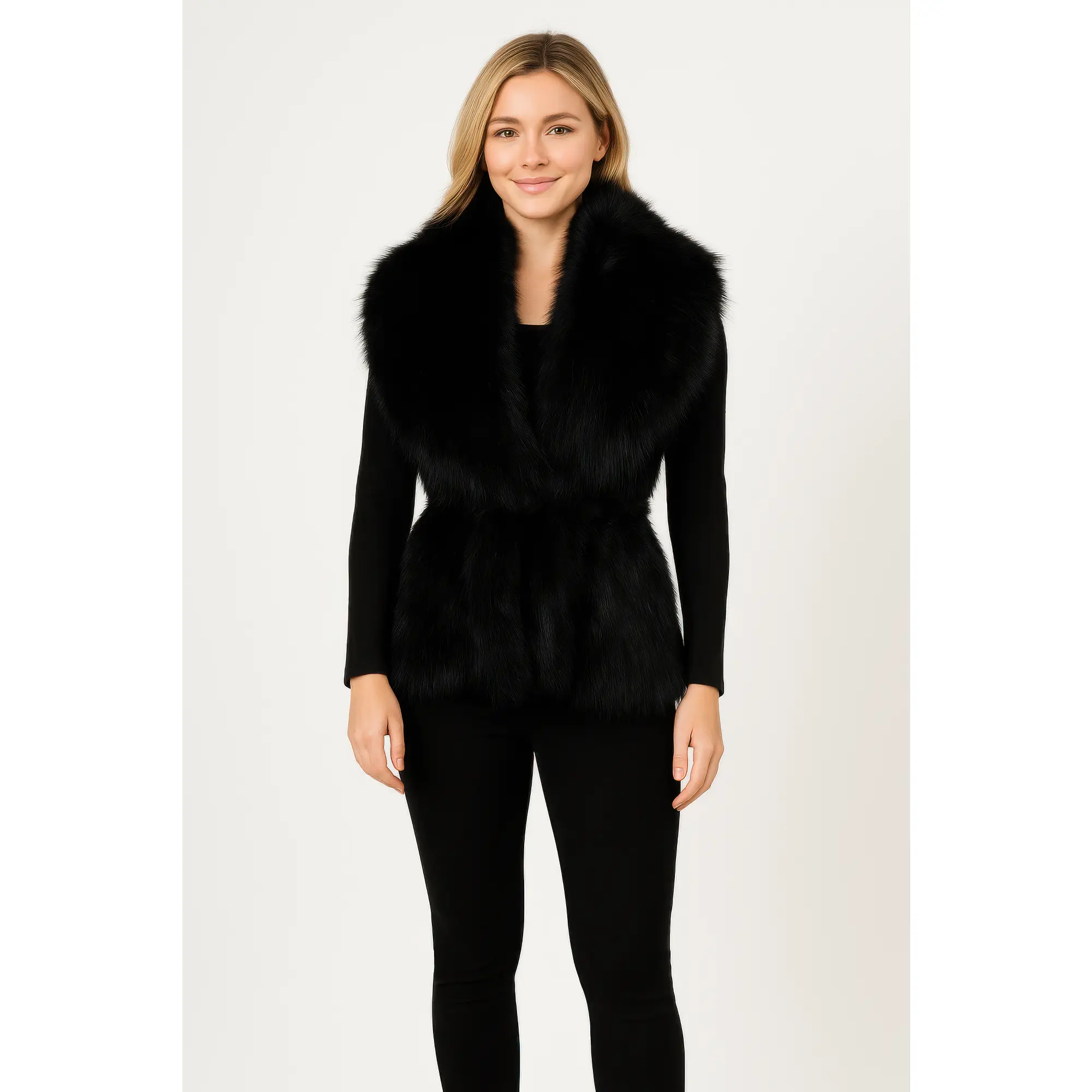 Black Sleeveless Faux Fur Vest With Cinched Waist