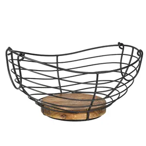 Modern Farmhouse Fruit Basket with Vintage Wire and Wooden Base, Kitchen Storage Fruit Bowl for Kitchen Countertop Decor and Organisation