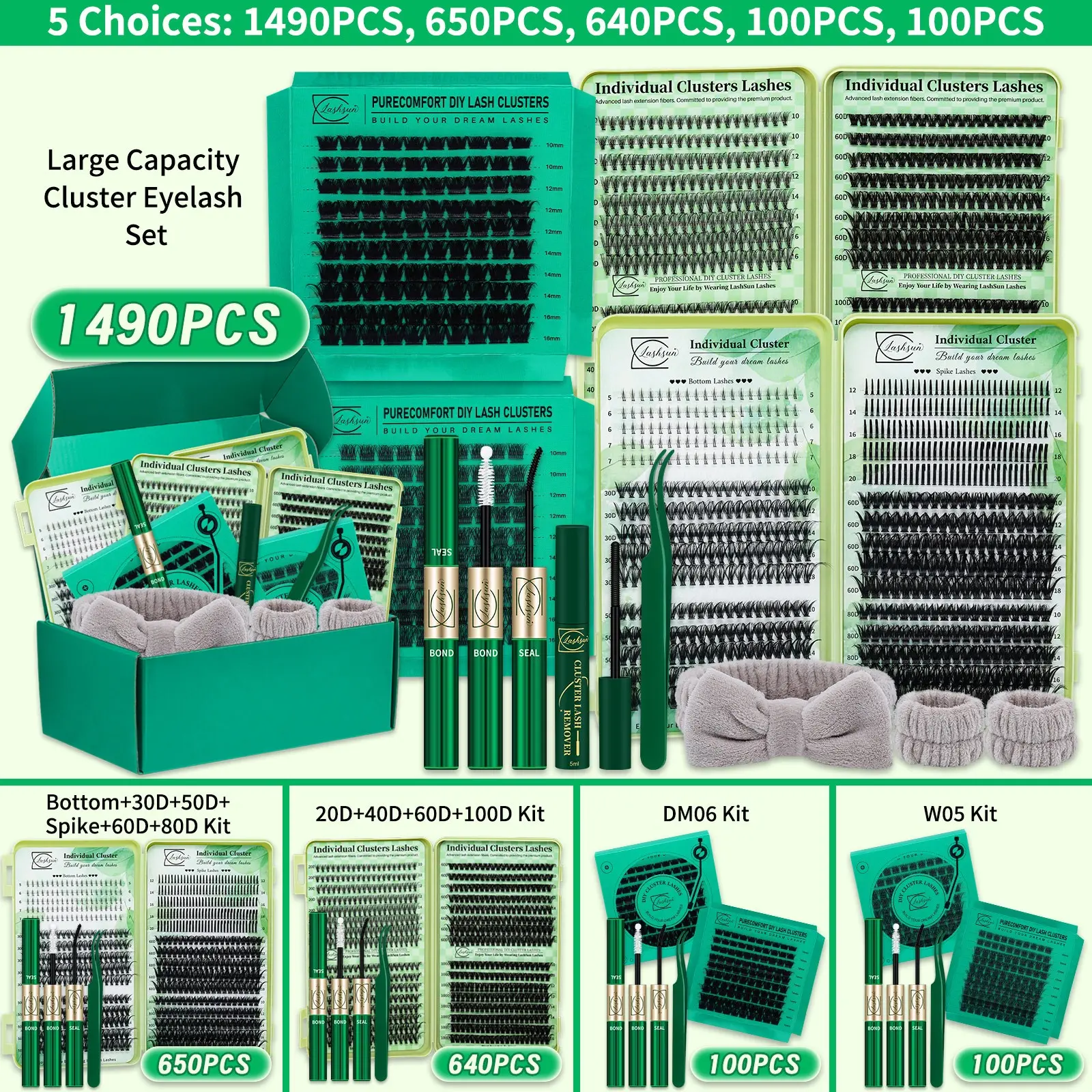 1490/650 Pcs Lash Clusters Kit, Cluster Eyelashes, Lashes Extension Set, Eyelash Extensions, D Curl Mixed Length 11 Styles Bottom/Spike/Wispy/Volume Lashes, with Bond&Seal Tweezers, Perfect for Beginners&Proficient, Easy DIY at Home