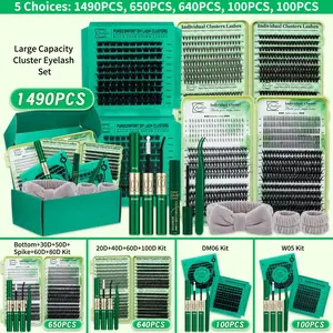 1490/650 Pcs Lash Clusters Kit, Lashes Extension Set, Eyelash Extensions, D Curl Mixed Length 11 Styles Bottom/Spike/Wispy/Volume Lashes, with Bond&Seal Tweezers, Perfect for Beginners&Proficient, Easy DIY at Home