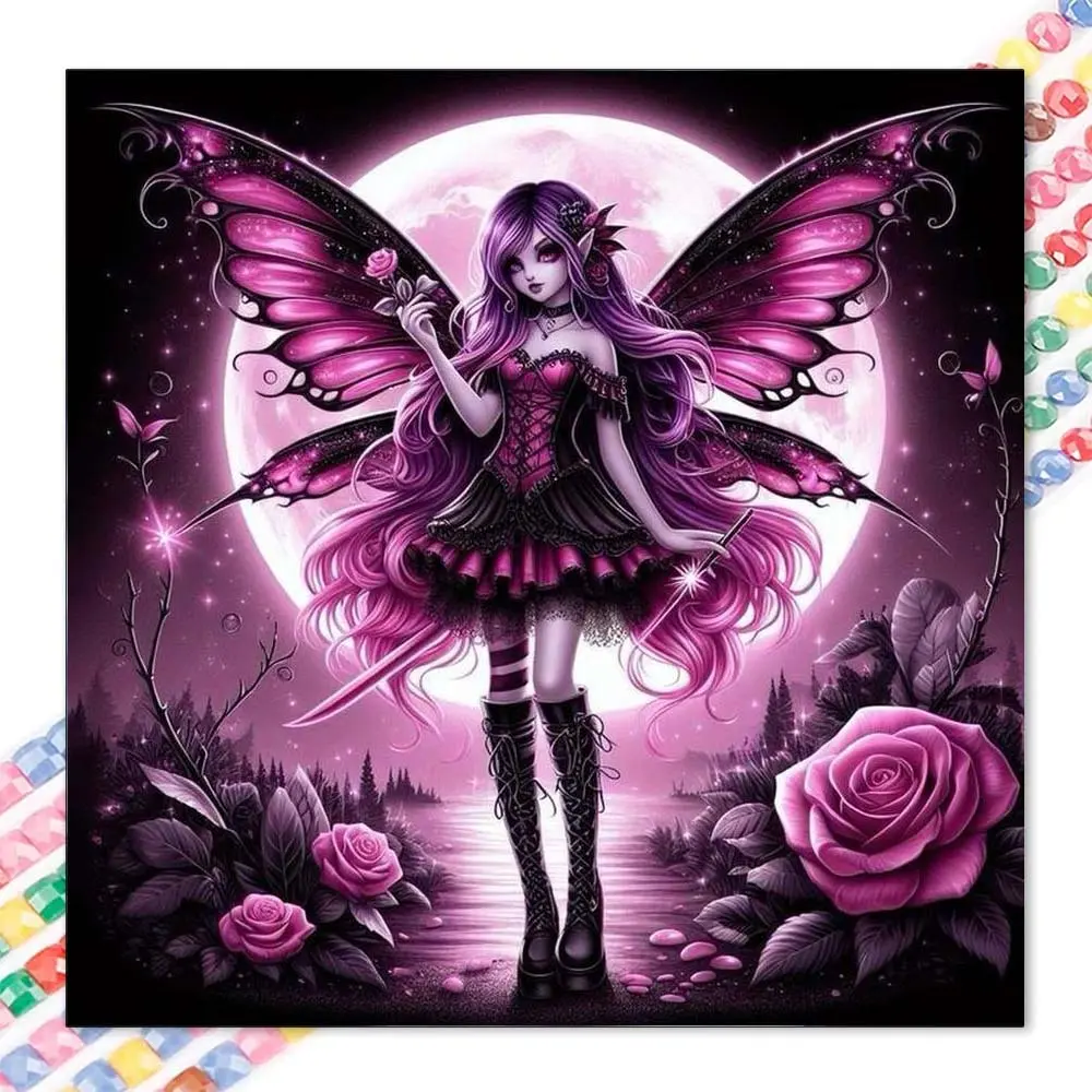 1 set of DIY diamond painting kit, 5D diamond art kit, Diamond Art Tools, DIY Handicraft decoration with purple fairy, pink rose, full moon background mosaic, diamond art, DIY art home decoration, suitable for Christmas.
