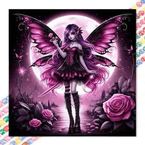 1 set of DIY diamond painting kit, 5D diamond art kit, DIY decoration with purple fairy, pink rose, full moon background mosaic, diamond art, DIY art home decoration, suitable for Christmas.