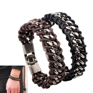 Braided Stainless Steel Cuban Chain Men's Bracelet Bangle Black Brown Classic Casual Style Easy Wear Gift for Valentine's Day