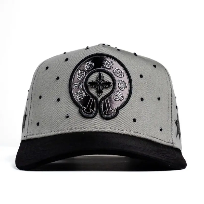 Chrome Gray Hat with Unique Polka Dot Design and Black Brim for Stylish Outfits