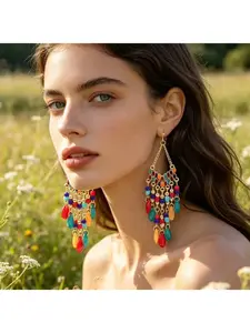 Boho Ethnic Colorful Beaded Fringe Earrings, Vintage Exotic Vacation Style Long Drop Earrings, Unique Design Bold Ear Jewelry