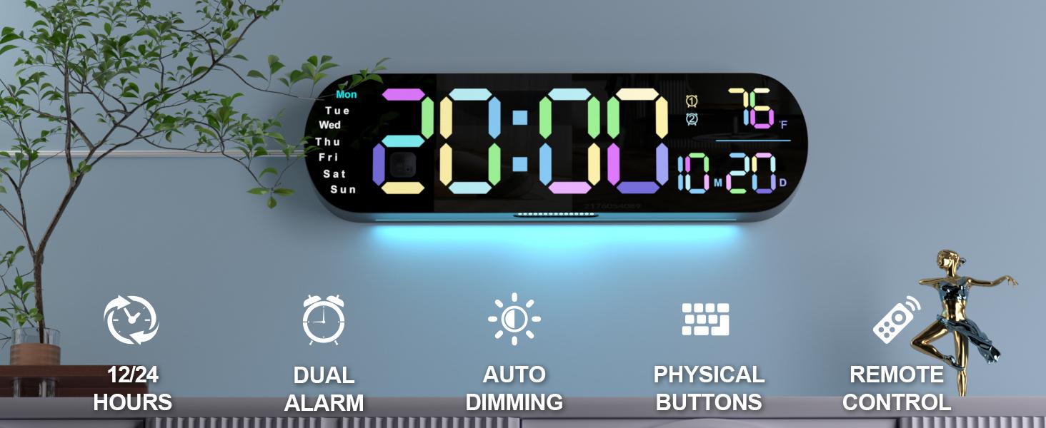 Sailstar Large Digital Wall Clock with Remote, 13.7“ Large Display LED Alarm Clock with Time Date Temp Week, Classroom Clock with Countdown Function, 12/24H, Adjustable Brightness for Living Room Decor Light Rgb