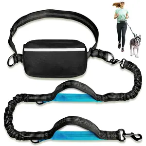 Hands Free Dog Leash Waist |   Dual Padded Handles with Adjustable Belt Waist Leash for Dog Walking, Jogging, and Running Your Dog, Hands Free Leash with Storage Pouch