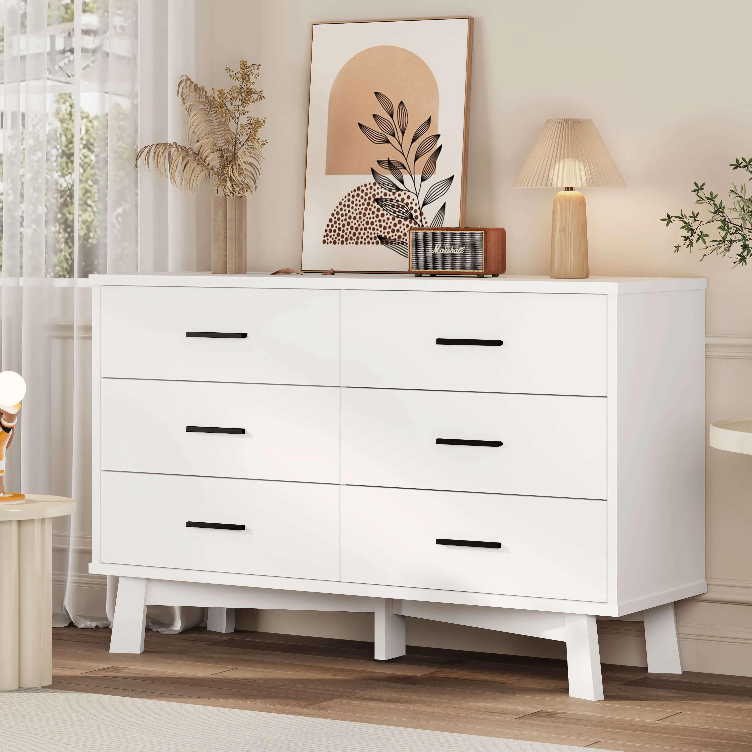 Dresser for Bedroom with 6-Drawer, 47.2" Modern Chest of Drawers with Metal Handles, X-Shape Base & Adjustable Center Leg, Anti-Tip Closet Organizers and Storage fathers day gift ideas