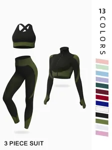 Women's 3-Piece Quick-Dry Seamless Sport Set, Athletic Fitted Activewear Set, Includes Sports Bra, Zipper Yoga Jacket & High-Waist Leggings, Comfortable & Stylish, Workout Set, Sportswear