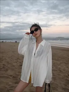 Spring Summer New Women's Casual Long Sleeve Top, Commuter Date Sun Protection Shirt, Beach Vacation Style, Fitted Solid Color Blouse