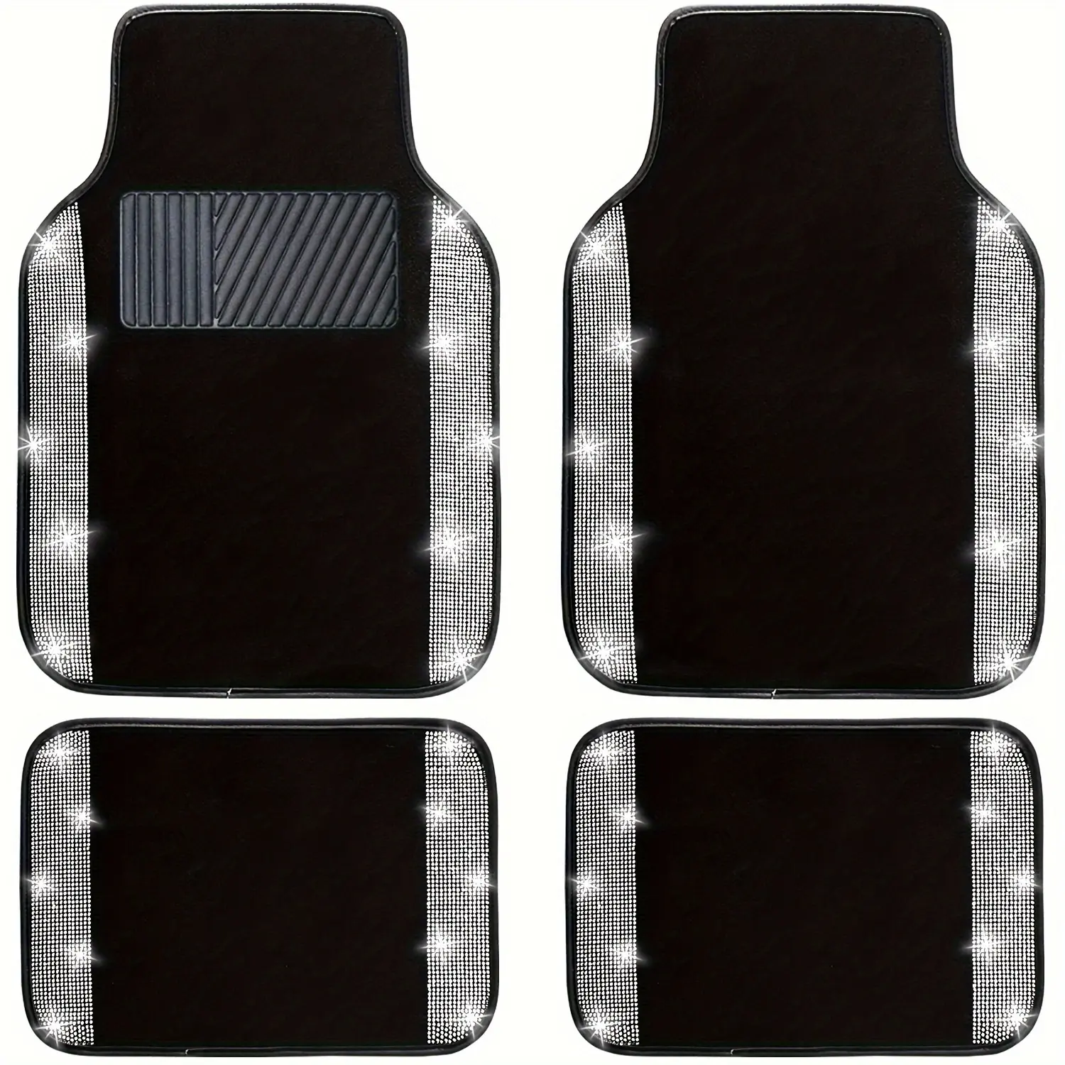 Bling Car Floor Mats Full Set, Universal Fit Most Cars, SUv, Trucks, 4 Pcs Sparkle GlitterArtificial Diamond Carpet For Women Girls With Anti-Slip Pad