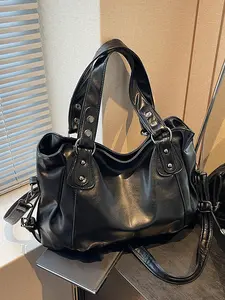 Niche design  simple and casual shoulder crossbody bag, multi-compartment punk style shoulder crossbody large bag, zipper rivet metal buckle design, fashionable and versatile, suitable for daily commuting, shopping, etc., Adjustable Crossbody Bag