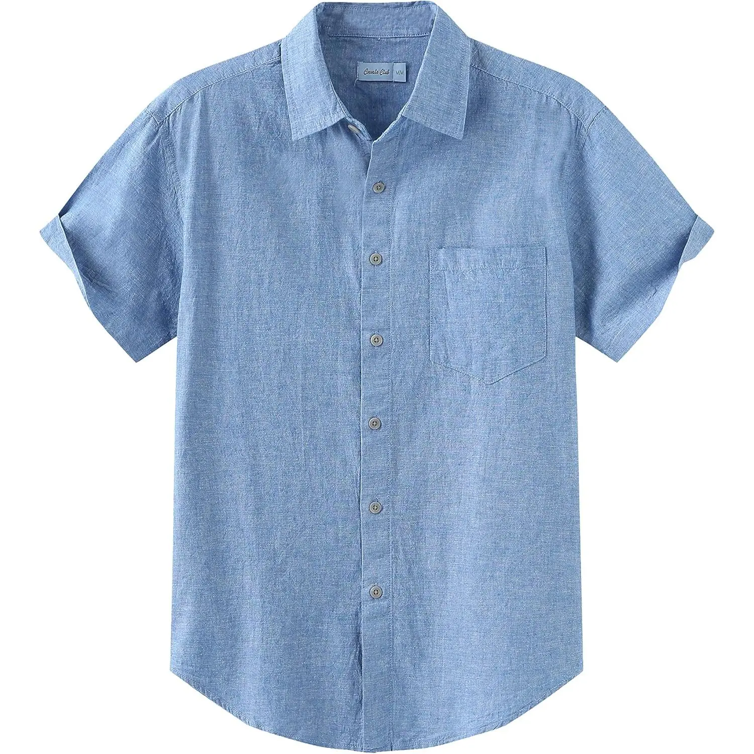 COEVALS CLUB Men's Linen-Cotton Collared Neck Short-Sleeve Button-Down Plain Shirt - Lightweight, Breathable, Soft Menswear with Pocket, Natural Fiber Clothing, Wardrobe Staples, Machine Washable for Summer Vacation Resort Wear
