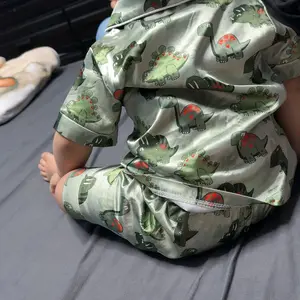 Ma&Baby Toddler Baby Boy Silk Pajamas Dinosaur Satin Pajamas Set Short Sleeve Button-Up Top Shorts 2PC PJs