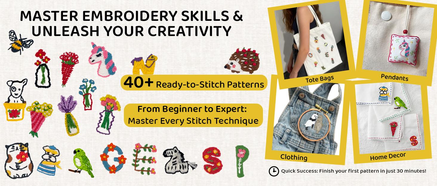 Complete Embroidery Kit for Beginners & Adults with Printed Water-Soluble Patterns, Threads, Fabric, Tools & Video Tutorials, Easy DIY Craft Kit for Learning Stitches, Accessories & Handmade Gifts
